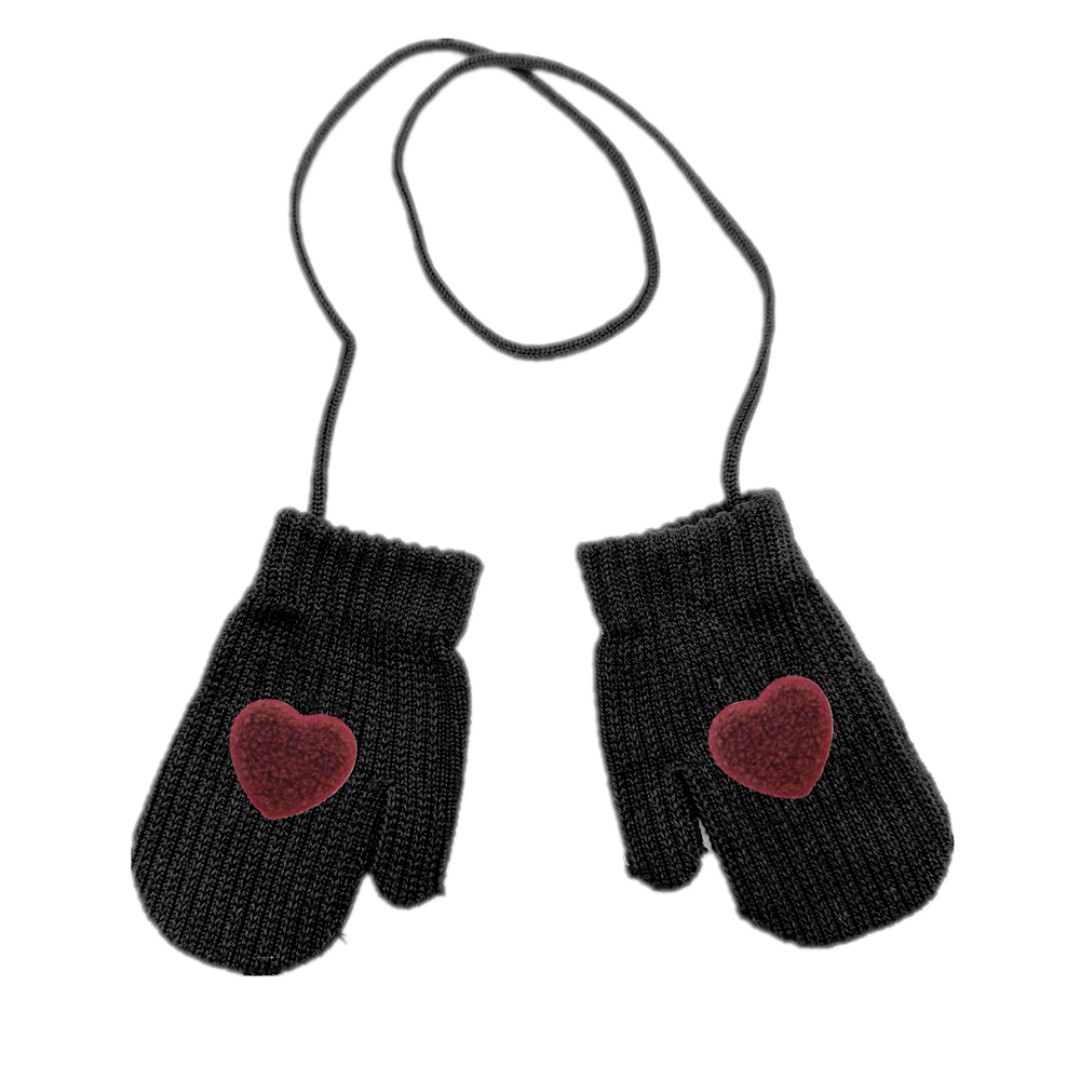 Black Mittens Burgandy Heart