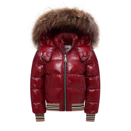 Striped Band Raccoon Fur Hood -Red