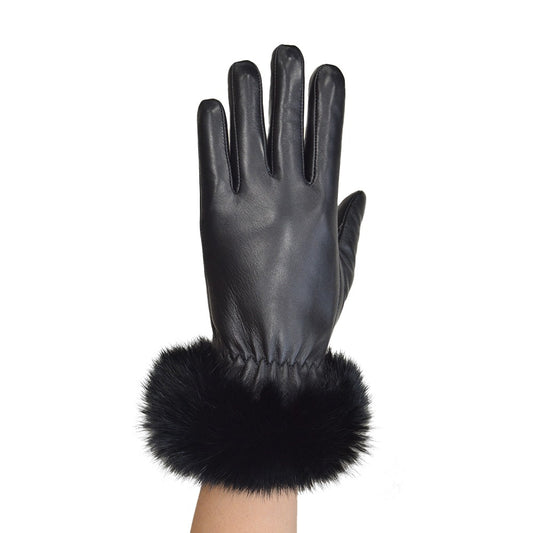 Womans Leather Gloves Black Fur